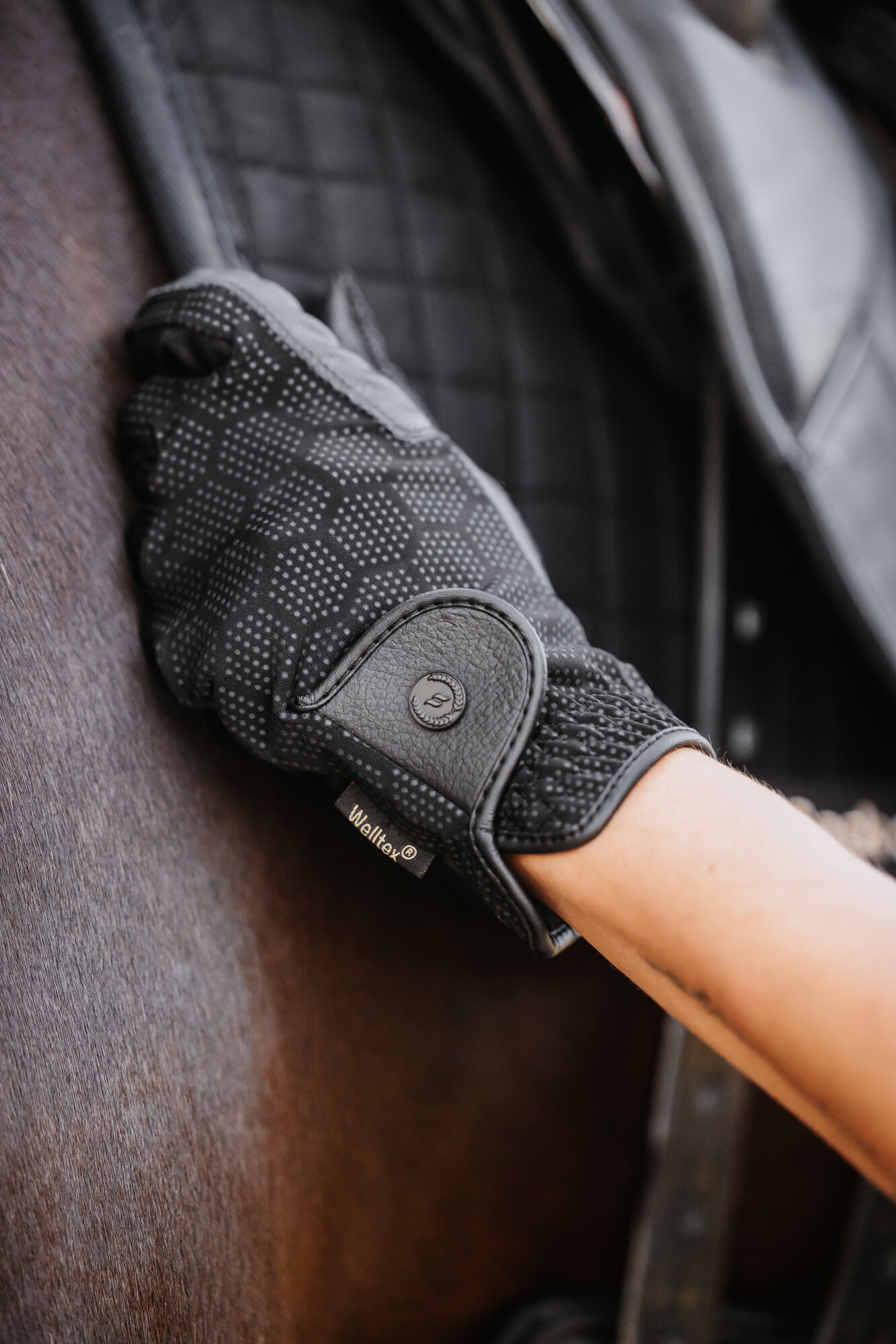 Outline Grip Handschuh am Pferd neben dem Sattel