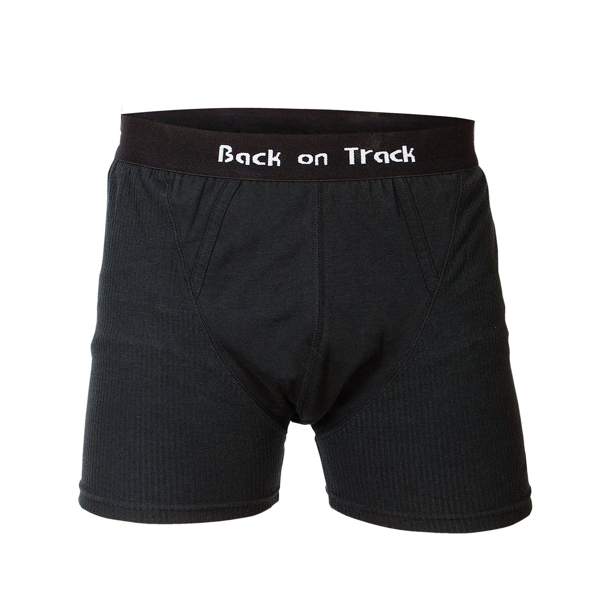 Boxershorts für Herren in Schwarz – Vorderansicht mit beschriftetem Bund