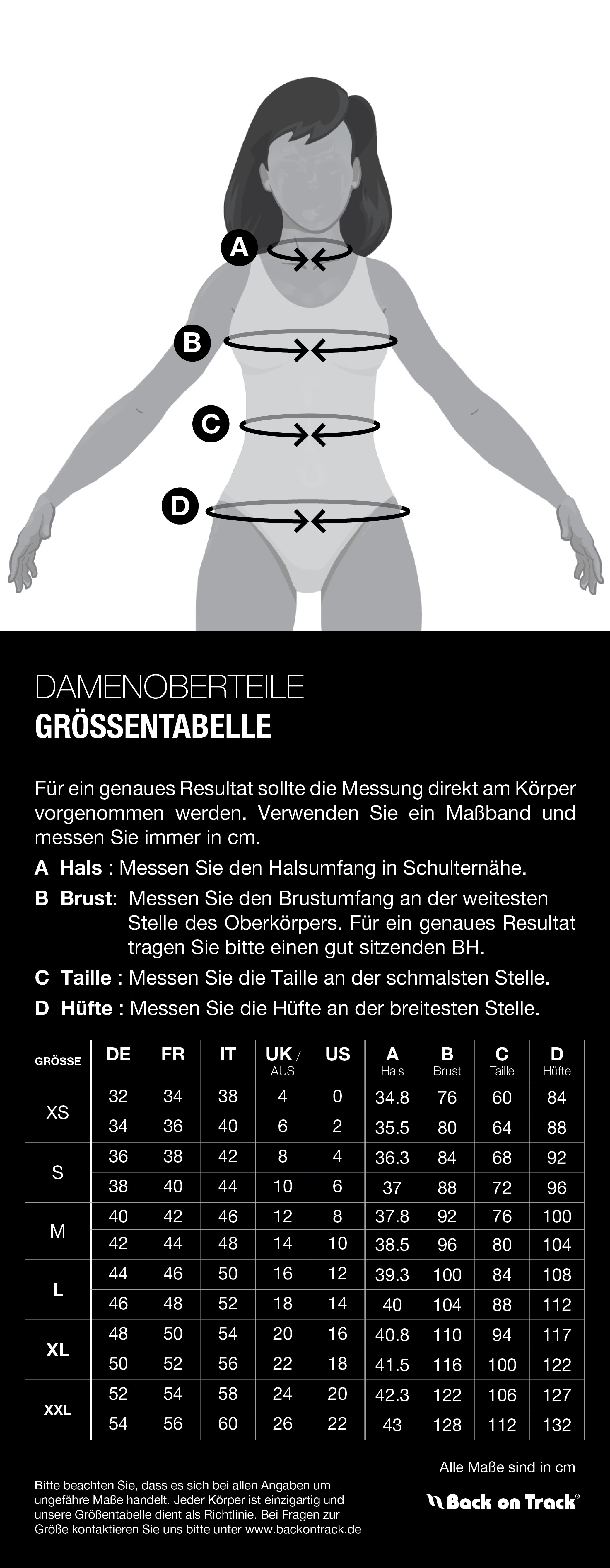 Größentabelle für Back on Track OUTTRAKK Damen-Fleece-Langarmshirt