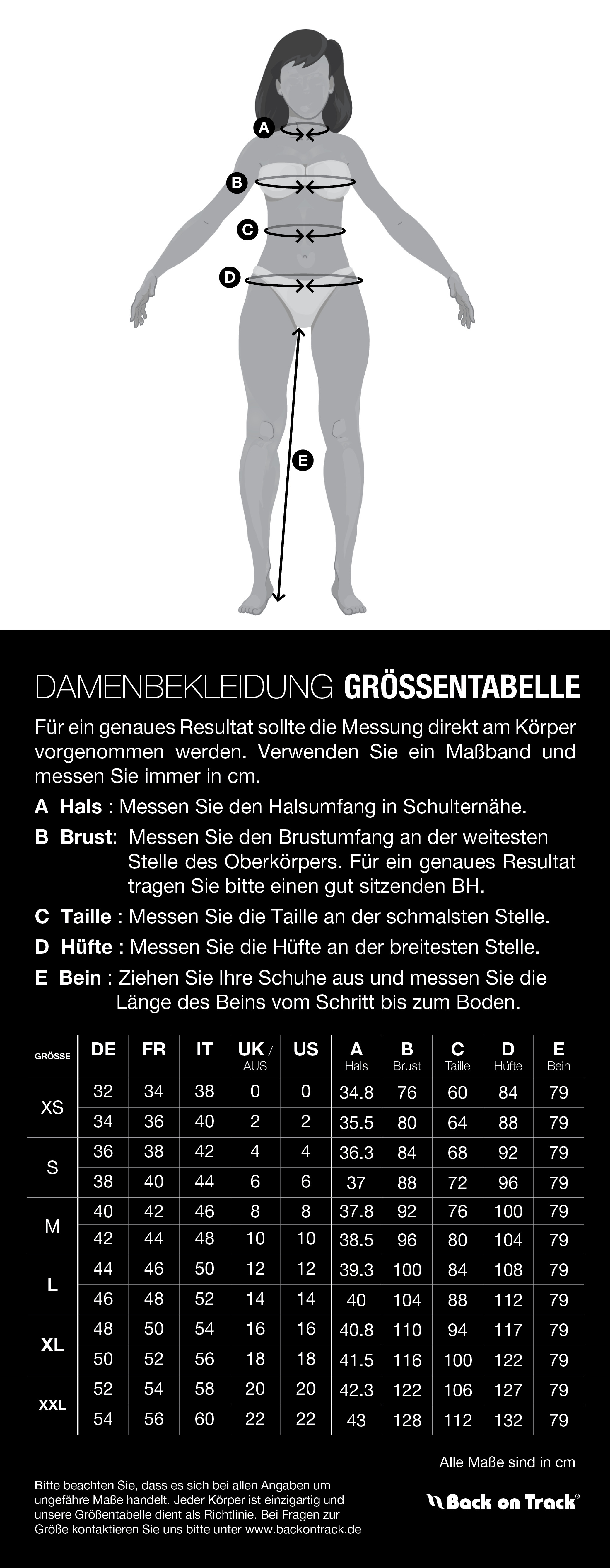 Größentabelle für Back on Track OUTTRAKK Damen-Fleece-Leggings