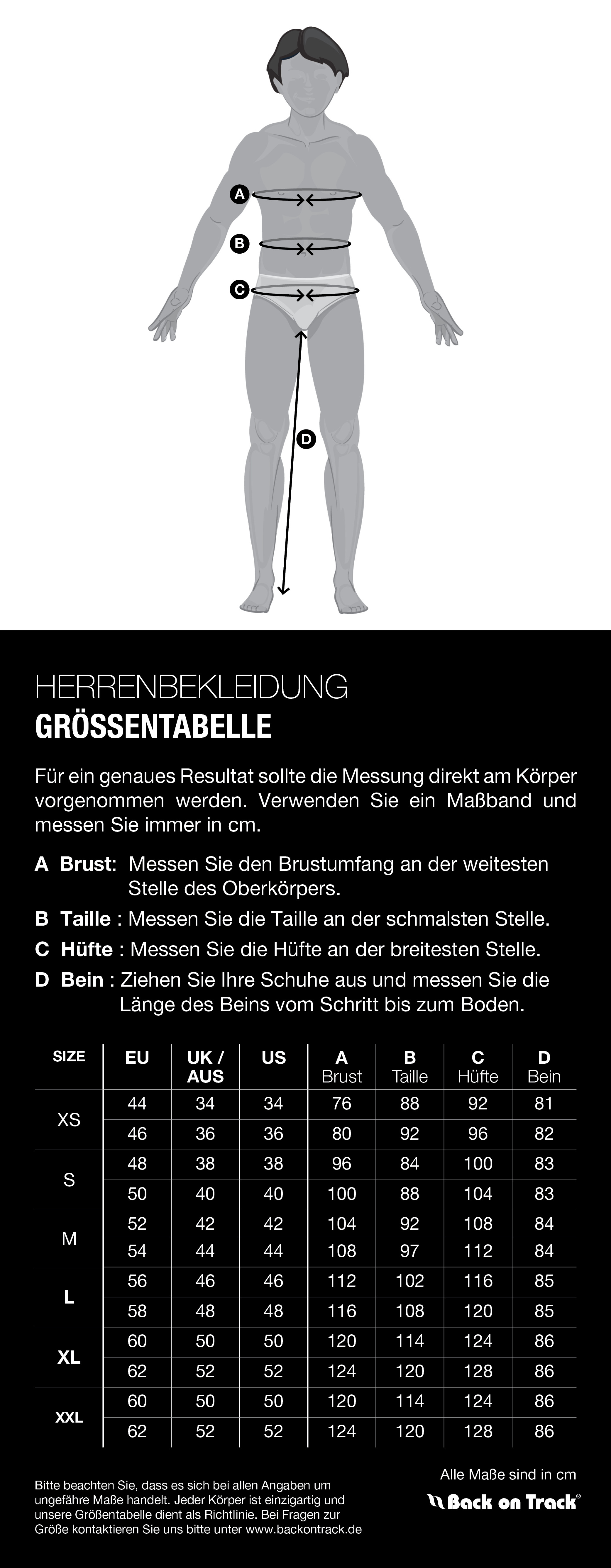 Größentabelle für Back on Track OUTTRAKK Herren-Fleece-Langarmshirt