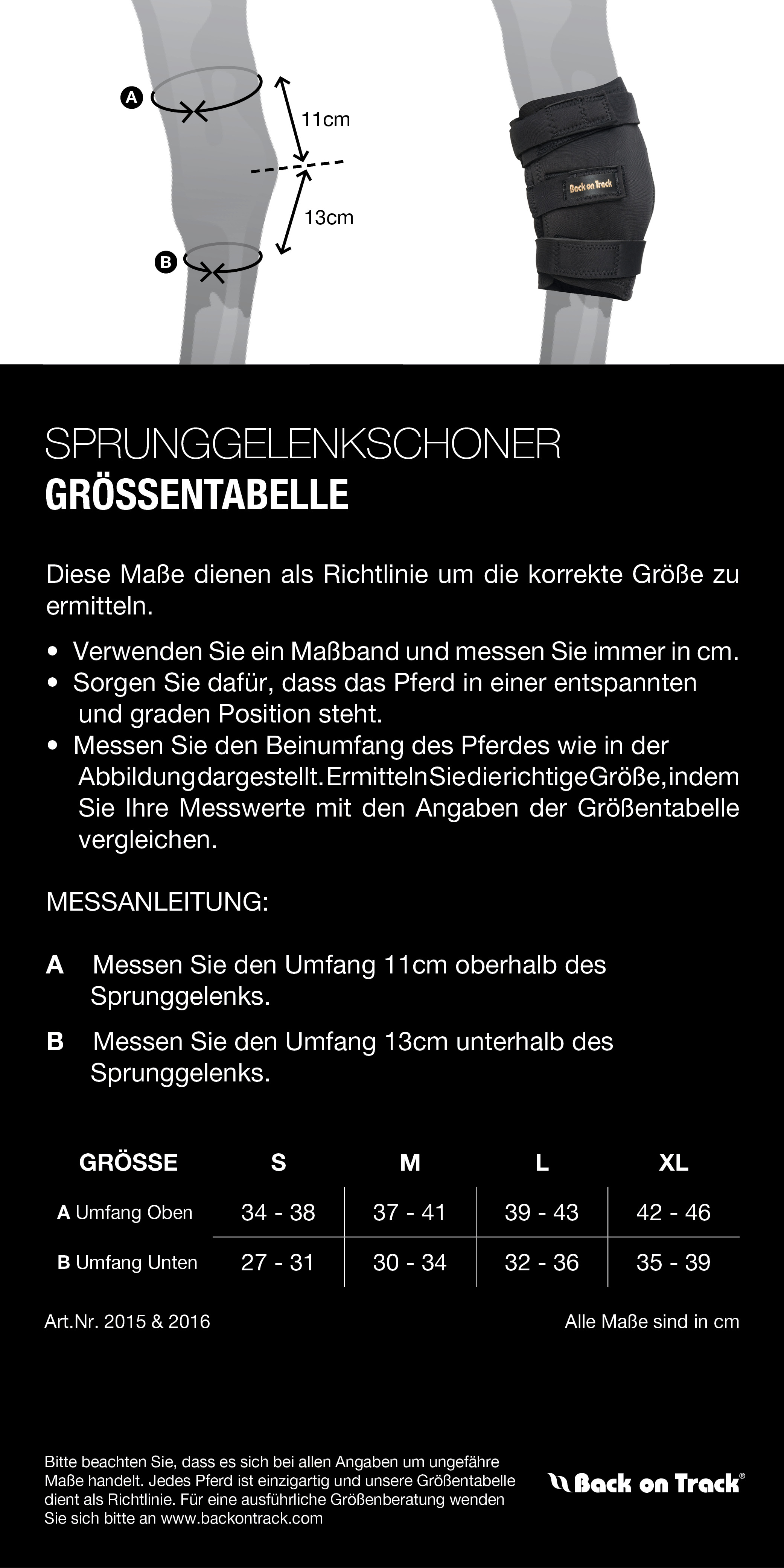 Größentabelle für Back on Track Sprunggelenkschoner