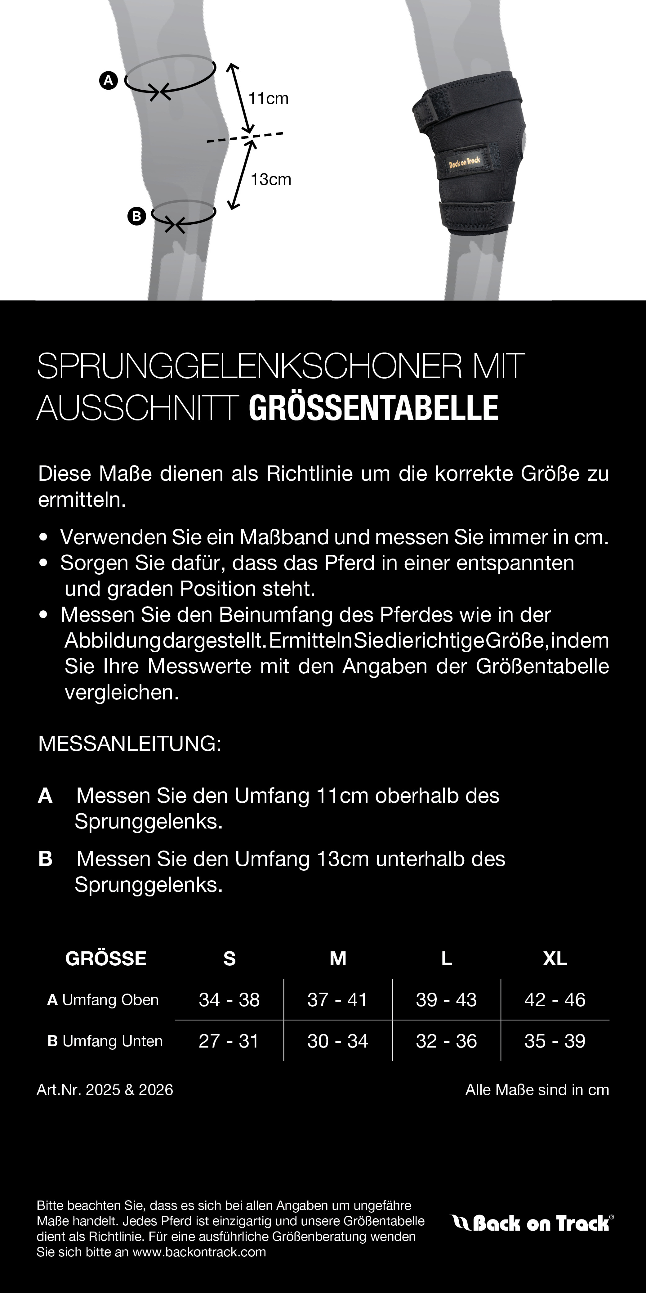 Größentabelle für Back on Track Sprunggelenkschoner mit Ausschnitt