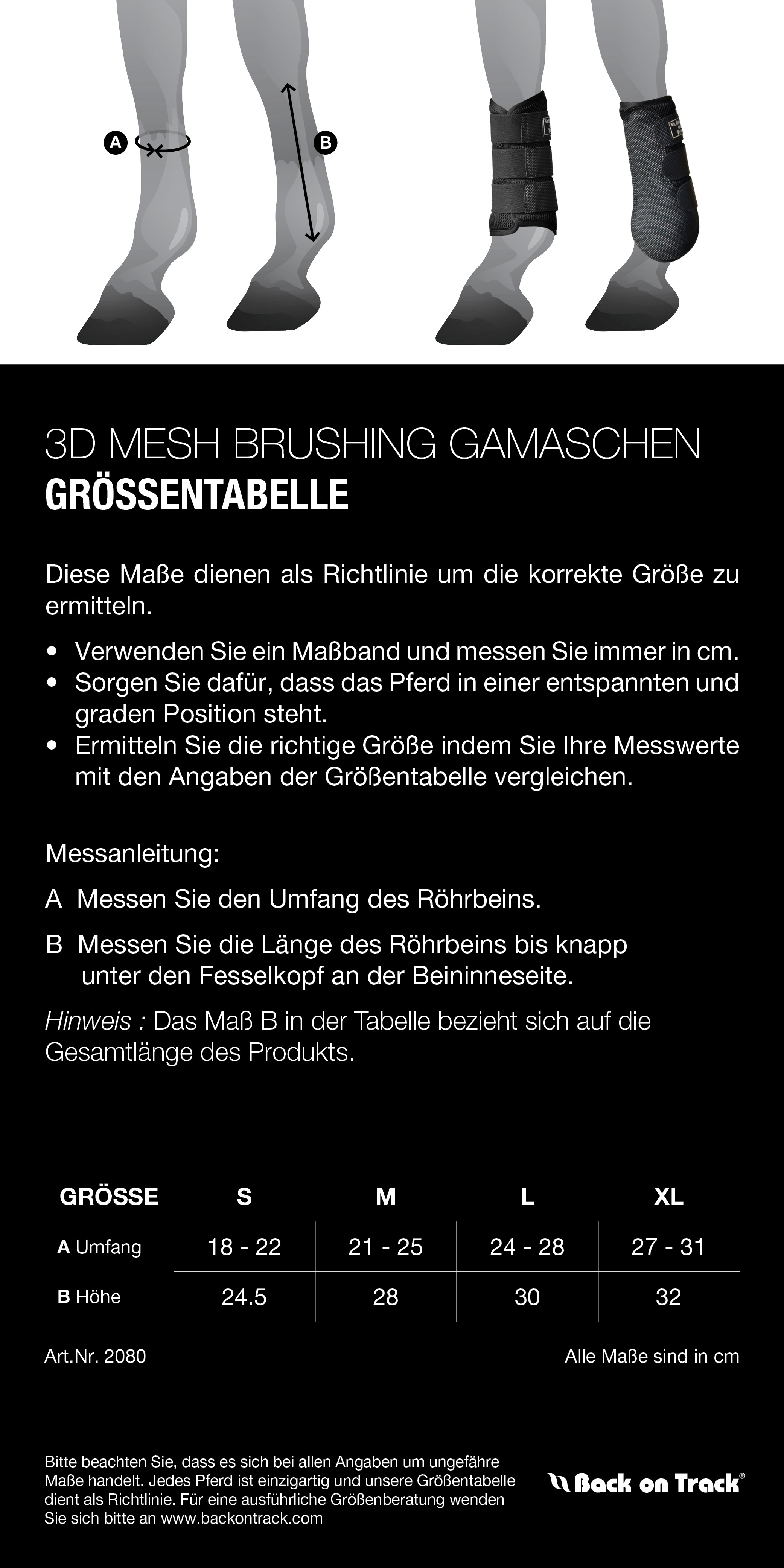 Größentabelle für Back on Track 3D Mesh Brushing Gamaschen