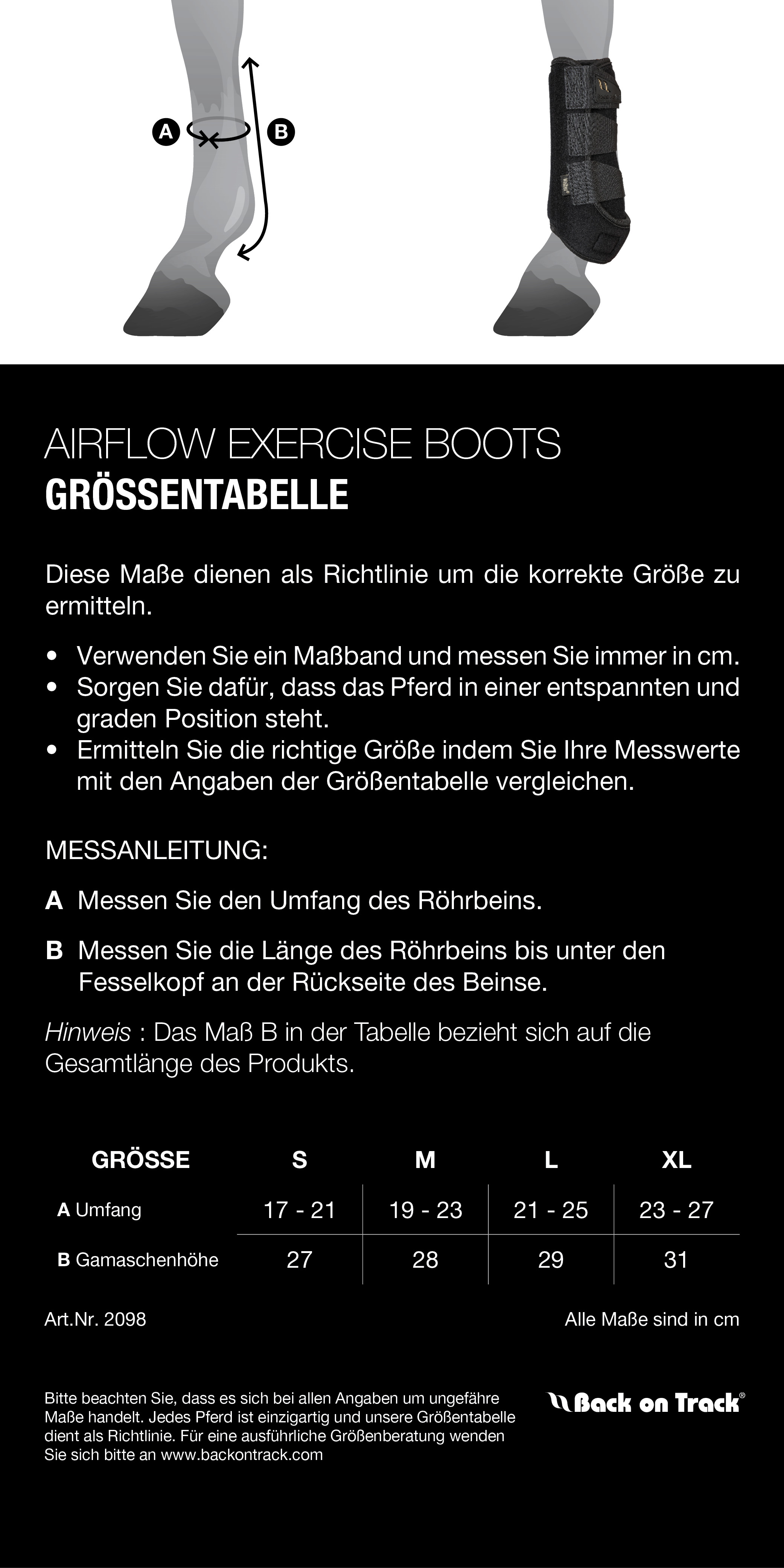 Größentabelle für Back on Track Airflow Arbeitsgamasche