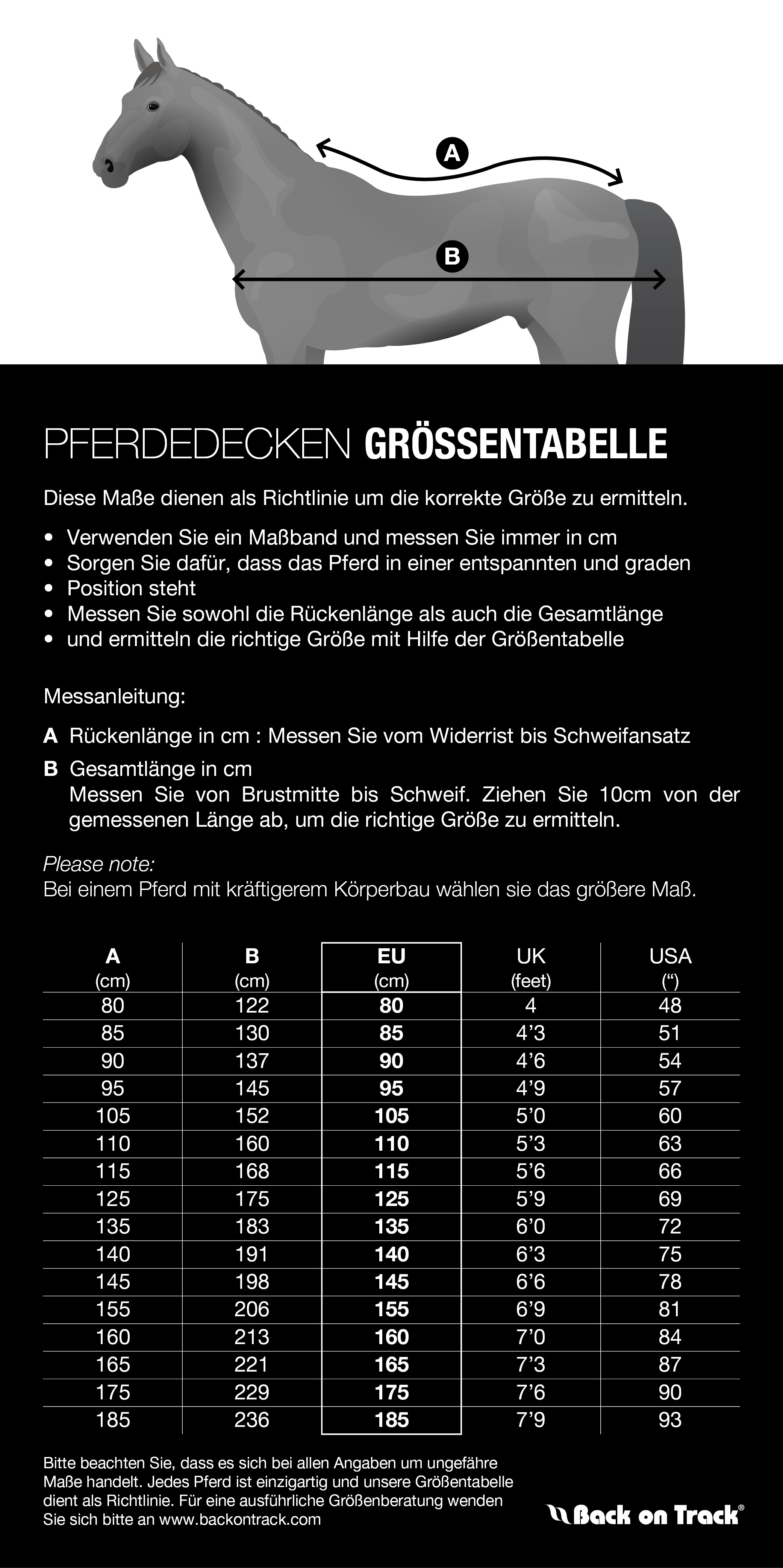 Größentabelle für Back on Track Quick Cooler Abschwitzdecke