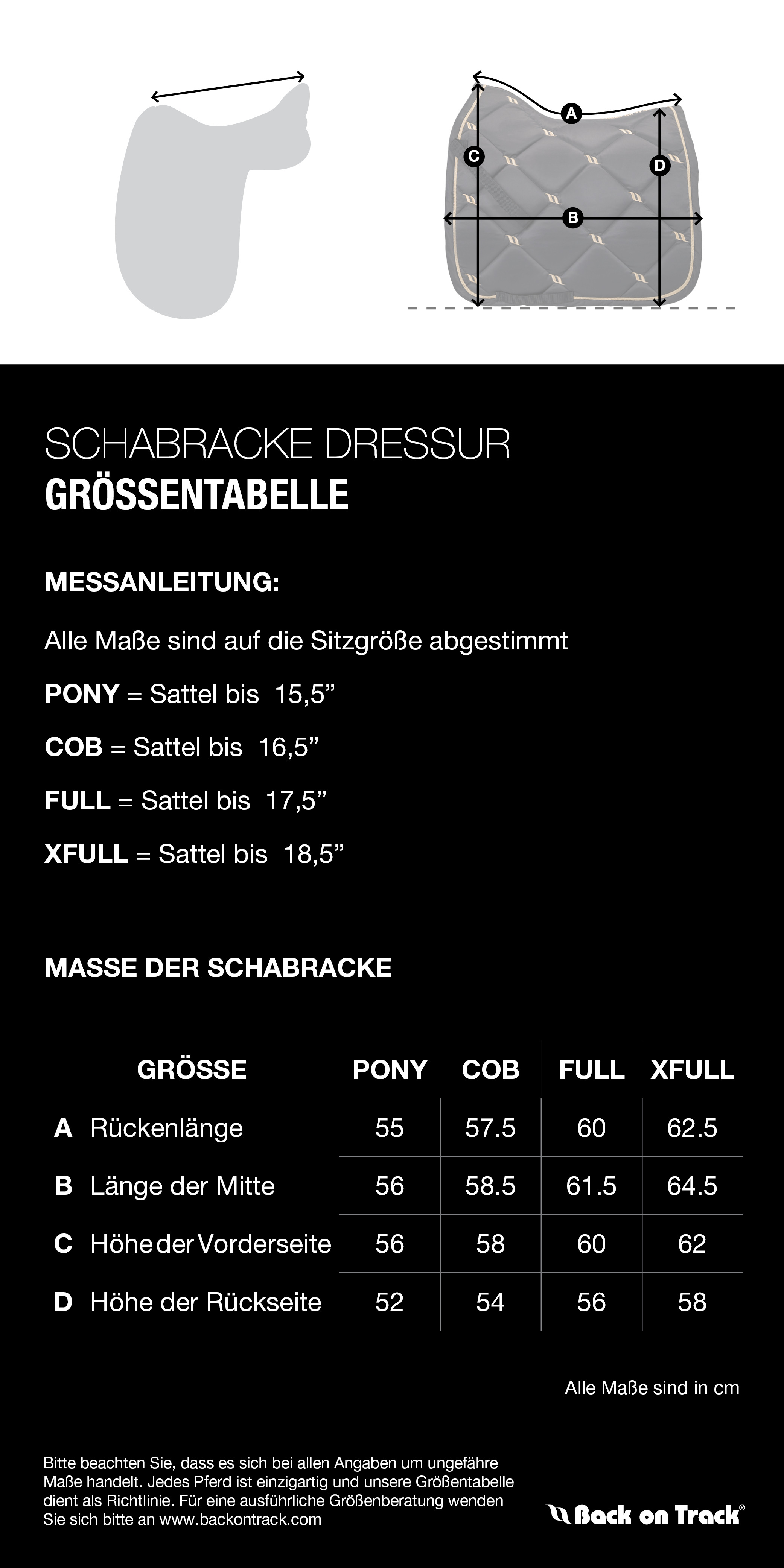 Größentabelle für Back on Track Airflow Schabracke 3D Mesh Dressur