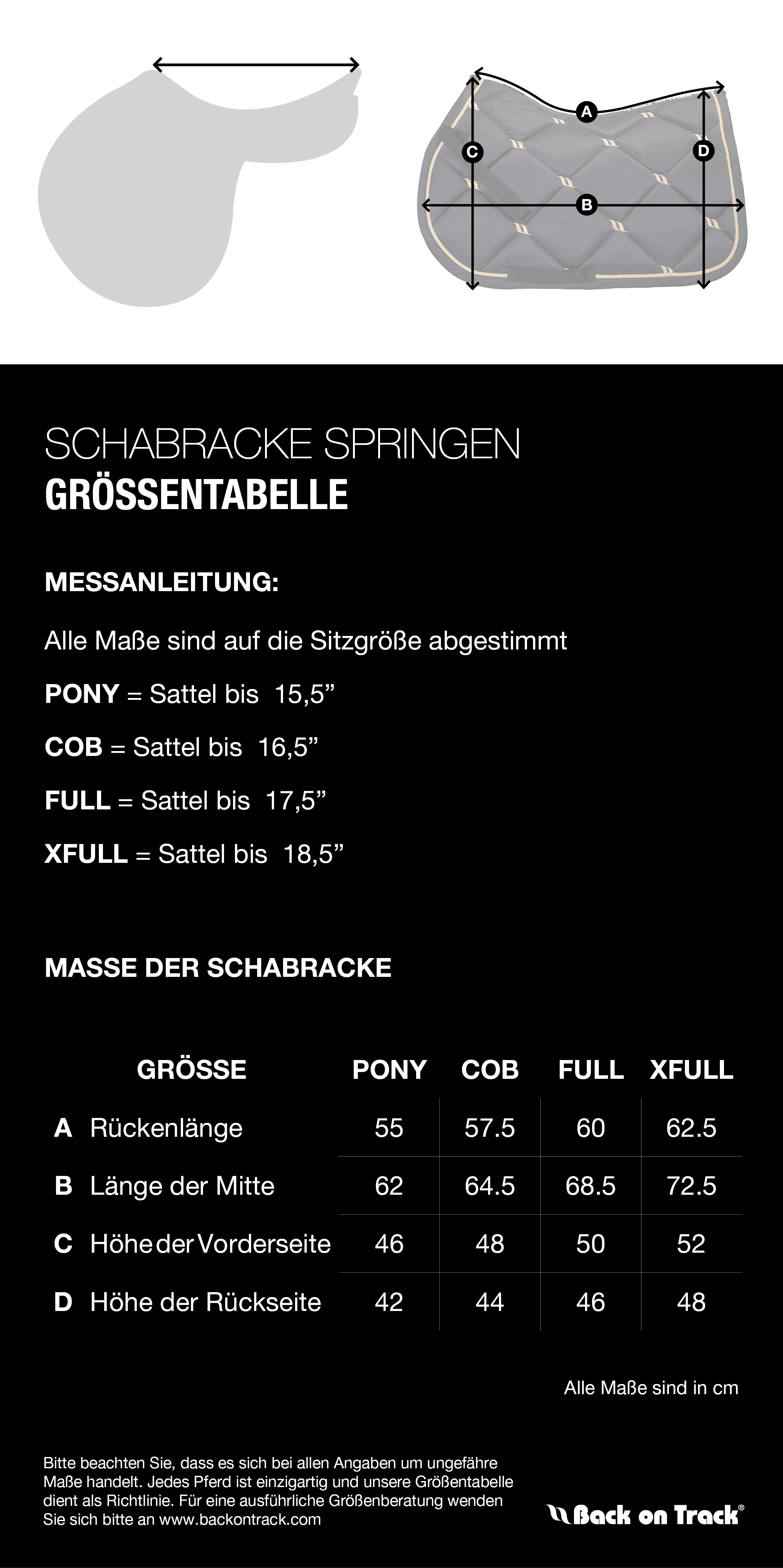 Größentabelle für Back on Track Airflow Schabracke 3D Mesh Springen