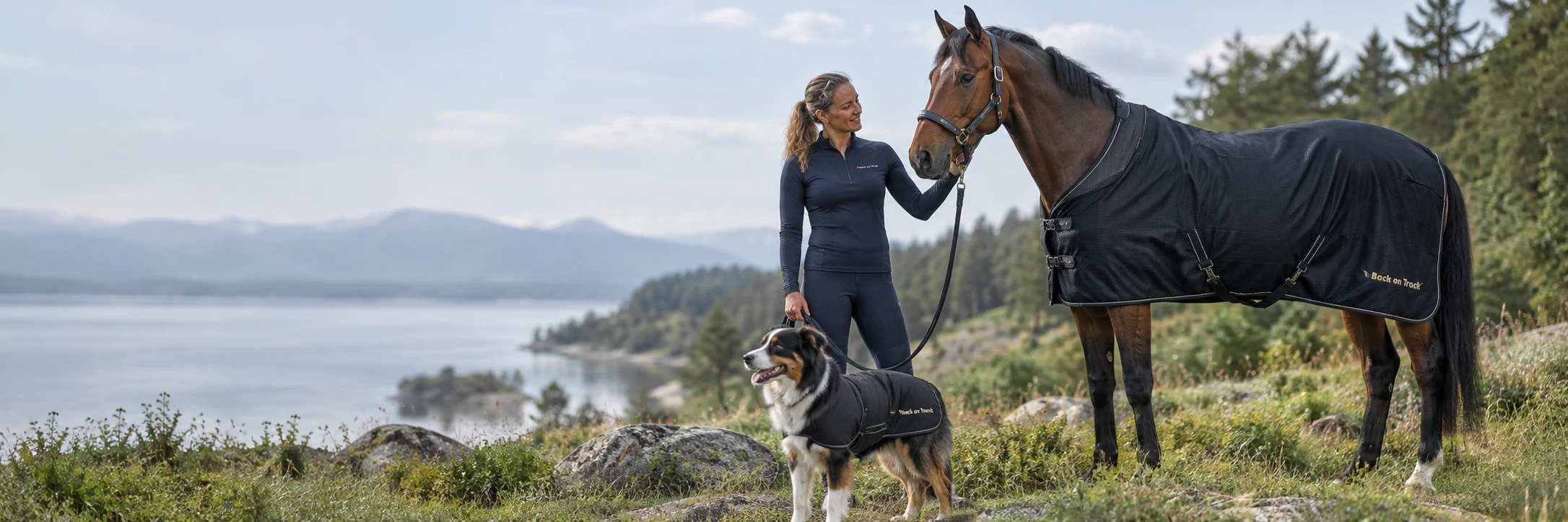 Mensch, Pferd und Hund mit Back on Track Bekleidung und Decken